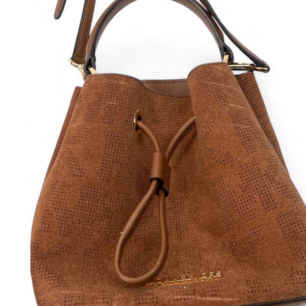 Michael Kors Suri Suede Crossbody Bag Drawstring Bucket Mini Purse Brown MK - Picture 6 of 6